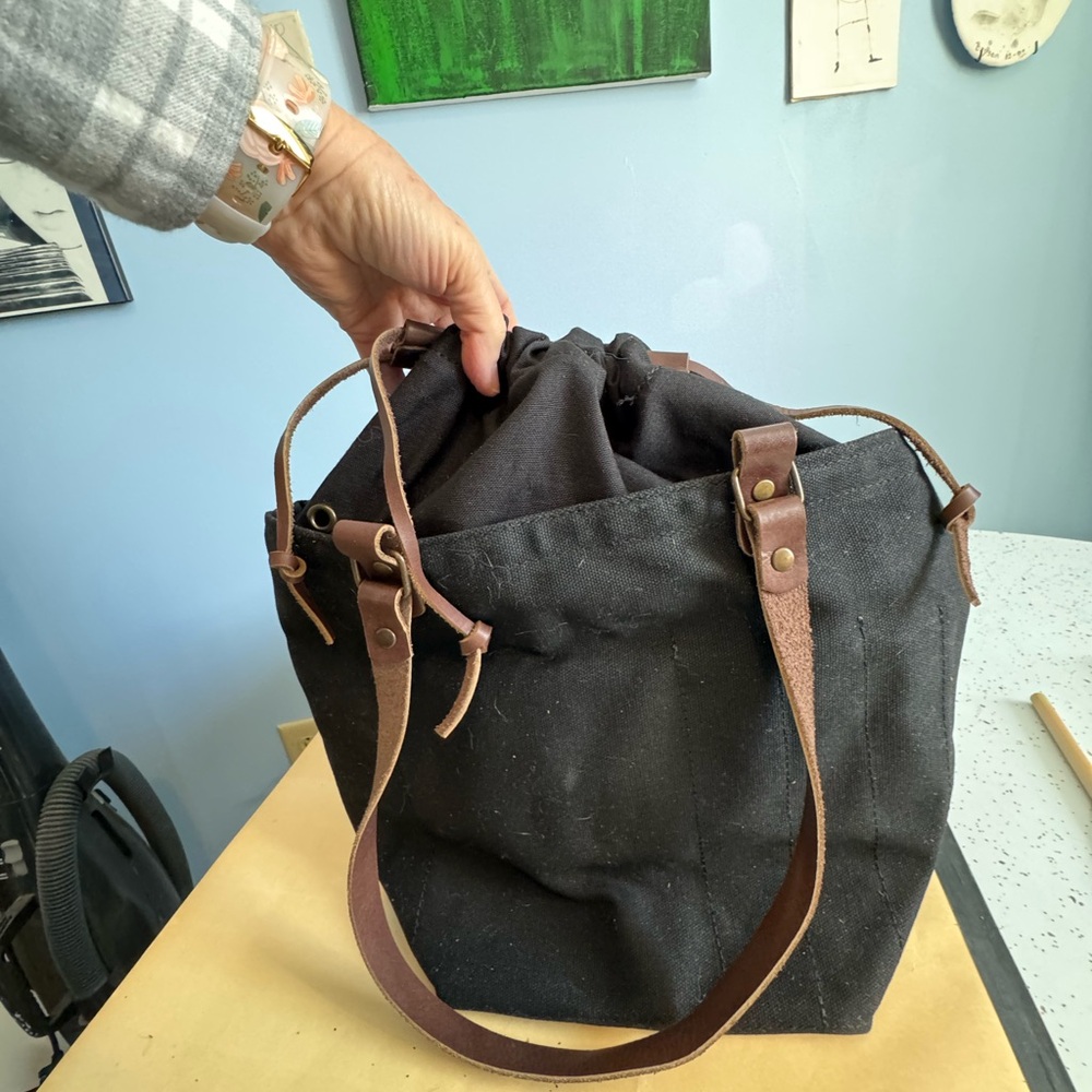 Black Canvas knitting project Bag with leather Straps